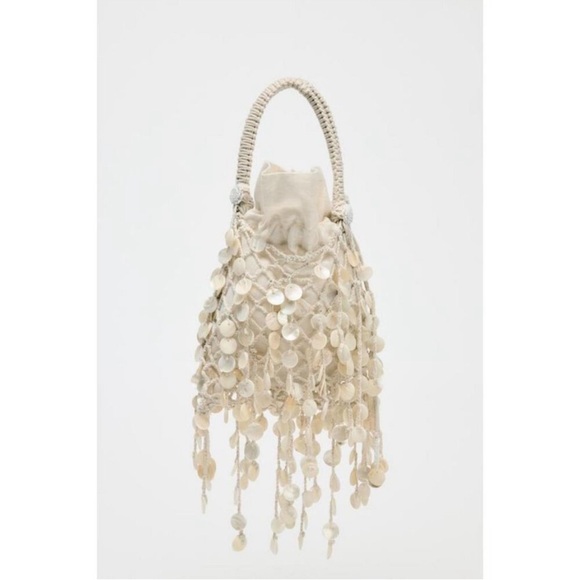 Zara Pearlescent Shell Beaded Bucket Bag Mini Cream Coastal Resort Blogger NWT - Picture 7 of 13